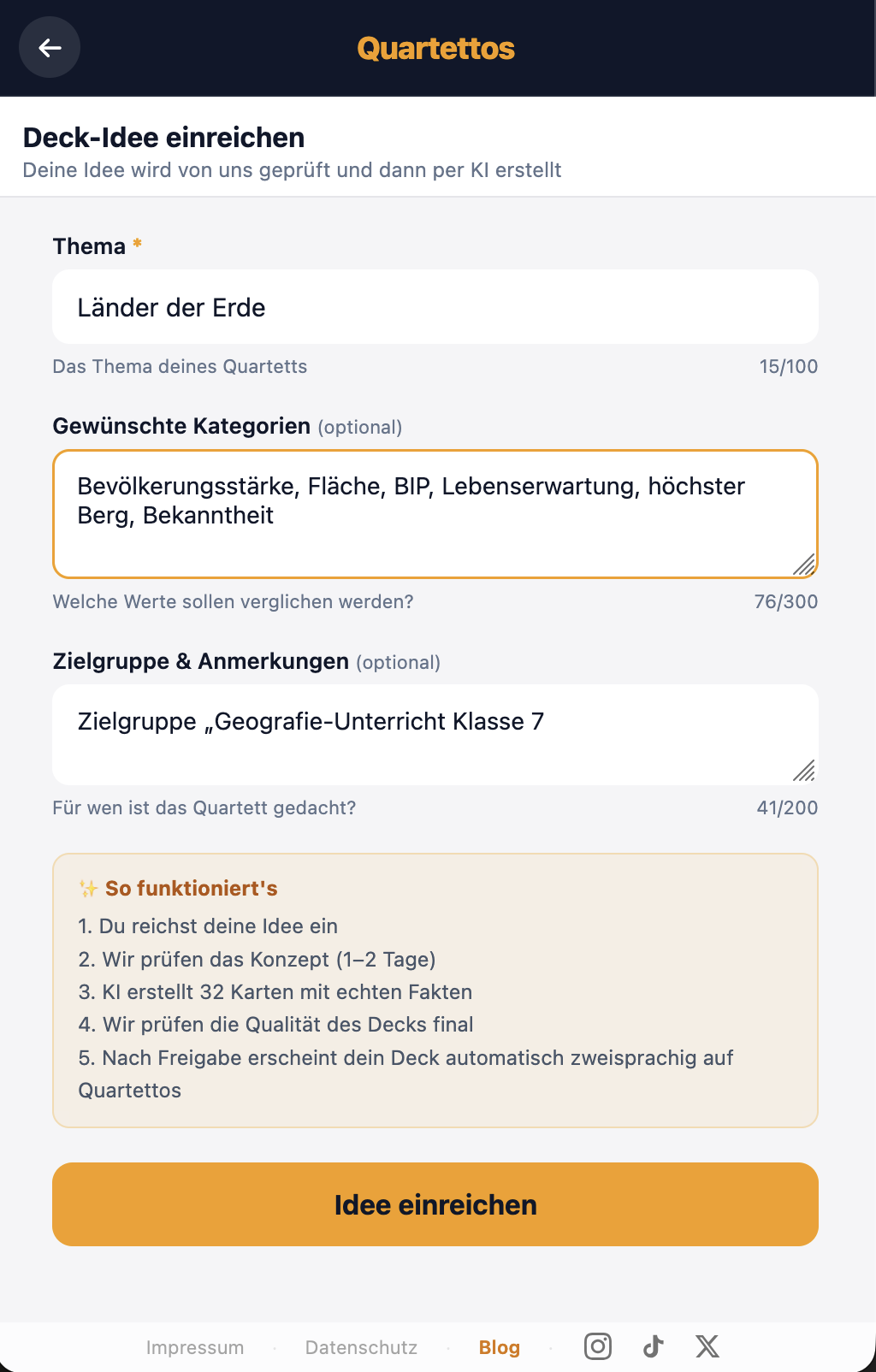 Das ausgefüllte Pitch-Formular für ein Länder-Deck mit Thema, Kategorien-Wünschen und Zielgruppen-Hinweis