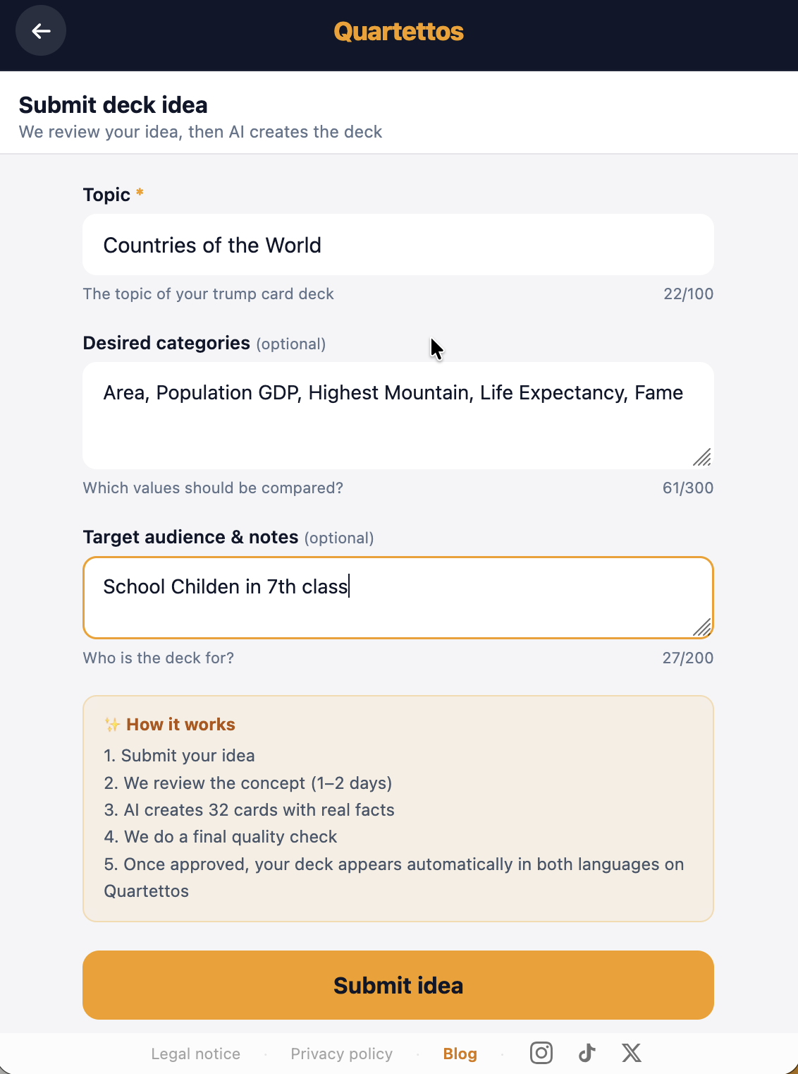 The pitch form filled with a "Countries of the World" example, suggested categories and a target audience note for a school class.