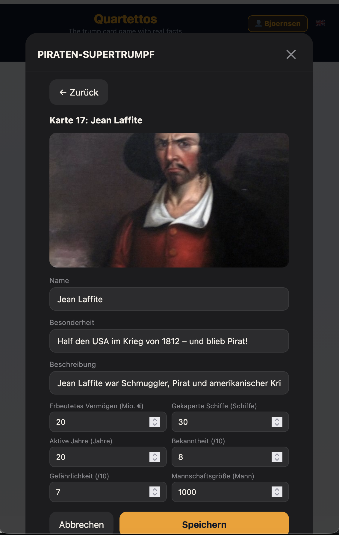 The card editor with name, trivia, description and six numeric value fields. The example deck shown here was generated in German, so the field labels follow the deck's source language — the surrounding app UI follows your selected language.